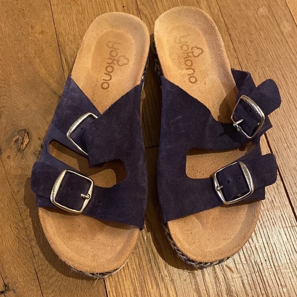 yokono Shoes - Yokono Leather Nubuck Big Buckle Sandals Navy 6.5